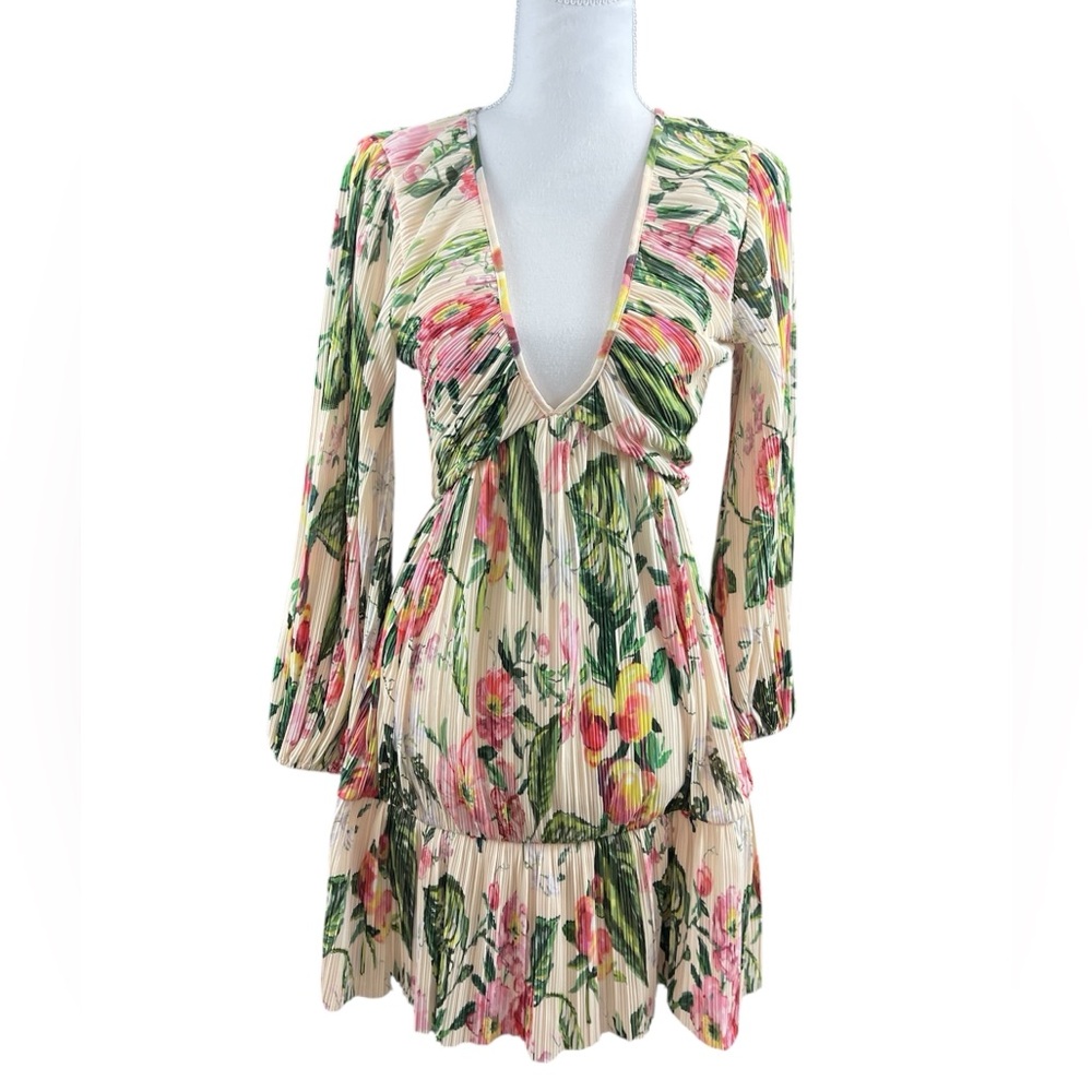 H&M Floral Long Sleeve V-Neck Mini Dress XS Tropical Vacation Resort Blogger Fav